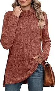 [Placitiume] Women's Turtleneck Tunic Tops, Long Sleeve Oversized Fall Sweaters with Side Split High-Low Hemline