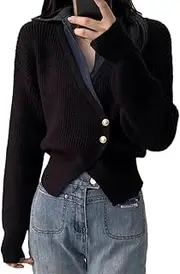 [Generic] Cardigan Sweaters for Women Turn-Down Collar Long Sleeve Cardigans Hit Color Patchwork Denim Cardigans