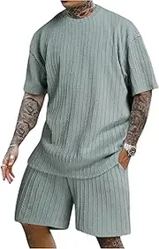 [RoseSeek] Men's 2 Piece Outfits Textured Drop Shoulder Short Sleeve Tee Tops and Short Sets Summer Outfits