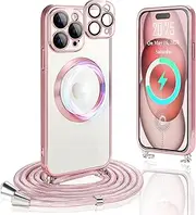 Ptny Case Compatible with iPhone 16 Pro Max Case with Strap for Hanging, (with Integrated Camera Protection) Compatible with MagSafe Wireless Charging, Soft TPU Clear Protective Case, Rose Gold