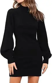 [ZESICA] Women's Casual Turtleneck Long Puff Sleeve Soft Fuzzy Knit Bodycon Pullover Mini Sweater Dress