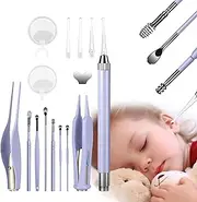 POZILAN Ear Cleaning Kit with LED Light - 15 Pack Ear Wax Removal Kit for Kids and Adults, Earwax Spoon Digger & Tweezers for Ear Cleaning Tool Gift Set（Purple）