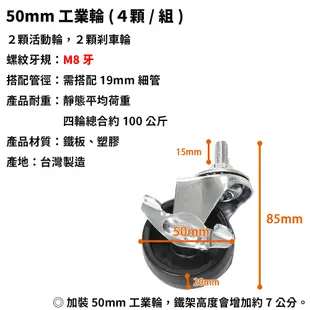 加購 輪子 40mm 50mm 塑膠輪 工業輪 M8牙 19mm細管可用