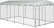 760 x 380 x 230 cm Outdoor Dog Kennel with Roof, Heavy Duty Chain Link Mesh Sidewalls Dog Fence with Lockable Latch for Large Medium Small Dogs, Silver