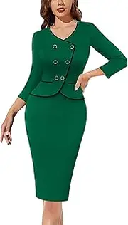 [VFSHOW] Womens 2024 Fall Work Business Dresses Double Breasted V Neck Office Slimming Peplum Pencil Sheath Dress
