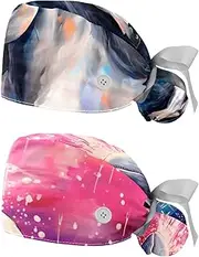 [YTYVAGT] 2-Pc,Nurse Scrub Caps,Scrub Hats with Buttons and Cotton Sweatband,Animal Horse Painting Art Pattern