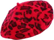 [SAFIGLE] Leopard Print Beret Faux Fur Hat Beret Hat Warm Hat Bonnet Knitted Beanie Slouch Hat Caps Slouch Beanie Cotton Chemo Hats Soft Hats for Chemo Headband Skull Cap Red Rabbit Fur