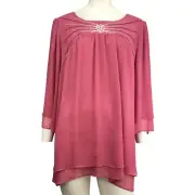 NWT Bob Mackie Flutter Sleeve Ruffle Hem Sequin Dusty Rose Crepe Chiffon Blouse