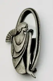 Signed AJC Vintage 1980-90s Pewter Finish Deco Lady Fan Mirror Pin Brooch