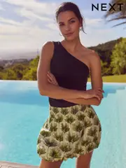 Leaf Print 100% Cotton Bubble Hem Mini Skirt (AG3574) | $53