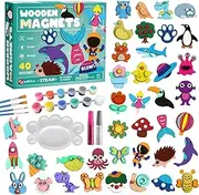 Byncceh DIY Wooden Magnets, 40 pcs Magic Magnetic Paint Set, Wood Arts and Crafts Painting Kit for Kids, Make Your Own Fridge Magnets Craft Kits Party Favors Gifts Toys for Girls Boys Ages 6-8 8-12