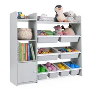 Giantex Kids Toy Storage Organiser Toddler Bookcase Toy Display Shelf w/8 Storage Boxes & Open Shelves Grey