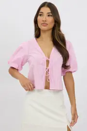 Pink Stripe Front Tie Top Puff Short Sleeve - Size 12M, Women's Jacket