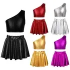 Kids Girls Metallic Hip Hop Jazz Dance Outfit Shiny Crop Top with Pleated Skirt