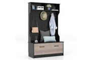 Giantex Wooden Entryway Hall Tree Coat Rack Stand w/Shoe Bench & 5 Hooks & 2 Open Cabinets Black