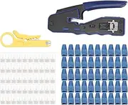 RJ45 Crimp Tool Kit, Cat5 Cat5e Cat6 Cat6A Stripper Cutter Crimper for RJ45 Pass Through Connectors with Wire Stripper, 50PCS Crystal Head, 50PCS Crystal Head Protective Sleeve