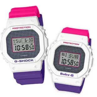 【CASIO】G-SHOCK+BABY-G 復古格紋方框撞色電子錶-白X桃紅X亮紫