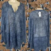 Torrid Plus 6 Sheer Blue Floral Split Neckline Button Long Sleeve Chiffon Blouse