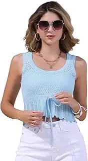 [Allegra K] Women's Sleeveless Tie Front Round Neck Eyelet Summer Beach Top