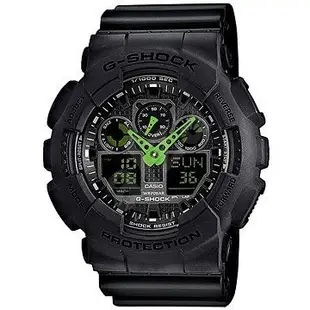 【金台鐘錶】CASIO 卡西歐G-SHOCK 雙顯 指針黑X 綠 GA 100 GA-100C -1A3