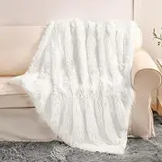 YUSOKI White Faux Fur Throw Bed Blanket,2 Layers,50" x 60", Soft Fuzzy Fluffy Plush Couch Blanket Furry Comfy Warm Decorative Blanket for Sofa Winter Chair Bedroom Christmas Decor Photoshoot Props