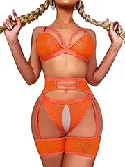[Lilosy] Sexy Mesh Sheer Garter Belt Lingerie Set 4 Piece