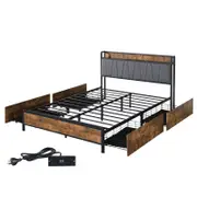 Levede Industrial Metal Wooden Bed Frame 4 Storage Drawers Linen Fabric Headboard USB Charge Queen Size