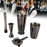 Fafeicy 5Pcs/Set Black Cocktail Shaker Set 304 Stainless Steel Boston Cocktail Shaker Measuring Cup Strainer Mixing Spoon