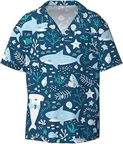 [VPPUR] Cute Blue Fish Print Fashion Short Sleeve Button Down Cuban Collar Shirt Left Chest Convenient Pocket