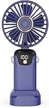 Handheld Fan, Portable Fan, USB Rechargeable Personal Fan, 90° Foldable Mini Desk Fan, 5 Wind Speeds, LED Digital Display, Lanyard Can Be Used as Neck Fan Suitable for Office/Travel/Outdoor Use （Bule）