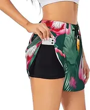 [GaxfjRu] Palm Leaf and Flamingos Couple Print Women's Running Shorts High Waisted Running Shorts Pocket Sporty Gym Elastic Short