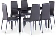 Seven Piece Dining Set Grey with Tempered Glass Table and Faux Leather Upholstered Chairs, Modern Sleek Design, Complete Set with 120 x 60 x 74 cm Tabletop