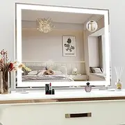 Makeup Mirror with LED Lights, Large Lighted Vanity Dressing Table Mirror, Desktop or Wall Mounted Mirror for Bedroom, 3 Color Modes, with 10X Magnification, 60 * 50.7cm, White
