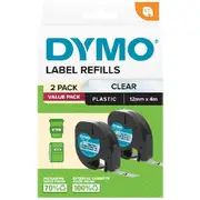 DYMO LetraTag Plastic Label Tape 12mm Black on Clear 2 Pack