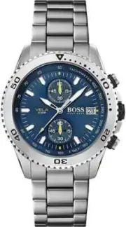 Hugo Boss HB1513775 Vela Mens' Silver Stainless Chronograph Watch + Gift Bag