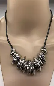 Chicos Black Leather Cord Necklace With Silver Shapes