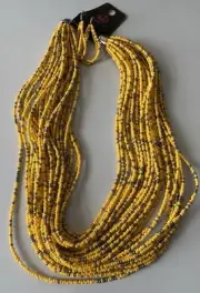 Vintage Multi Strand Yellow & Silver Glass Seed Bead Necklace & Earrings