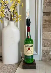 Jameson Whiskey Bottle Lamp with Stained Wooden Base and Barley Fill