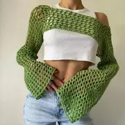 Bell Sleeve Plain Crochet Knit Crop Top Green - L