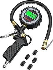 200 PSI LCD Digital Display Tire Pressure Gauge Tire Inflator Gauge Backlight Vehicle Tester with 5 Black Valve Caps
