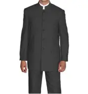 Men's Mandarin Collar Pin-Stripe Church Suit Jacket & Pants Black 36R~60L
