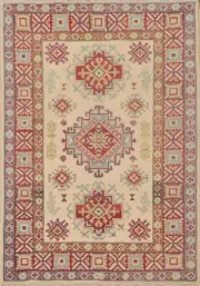 Tribal Geometric Kazak Ivory Rug 3x4 ft. Wool Hand-knotted Carpet
