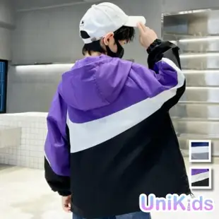 【UniKids】中大童裝長袖風衣 韓版撞色衝鋒衣夾克連帽外套 男大童裝 VPXY-2430(灰 紫)