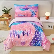 ZRNBAST Toddler Mermaid Comforter Set for Girls 4 Pcs Blue Orange Gradient Glitter Fish Scale Toddler Bedding with Sheets Ultra Soft Breathable Toddler Comforter, Orange Blue
