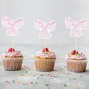 24pcs Bow Cupcake Toppers, Pink Girls Birthday Party Decorations Bowknot Cupcake Toppers Bow Tie Birthday Cupcake Decorations Dessert Cake Toppers for Wedding Bachelorette Party