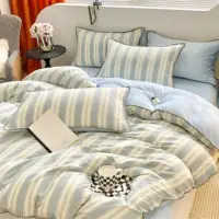 在飛比找momo購物網優惠-秋冬保暖藍條紋棉加絨被套枕套床包組