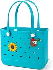 [ZCOINS] Rubber Beach Tote Bag with Charms for Women, EVA Waterproof Beach Tote Bag for Women, Sandproof, Washable, Travel Pool Sports Outdoor Vacation Swim, Color Blue