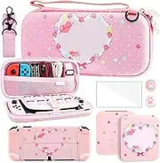 RHOTALL Cute Carrying Case for Nintendo Switch OLED, Potable Travel Case Accessories Bundle for Switch OLED with Protective Shell, Game Case, Shoulder Strap, Screen Protector, Thumb Caps - Pink Bunny