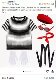 WOMEN XL French Mime Artist Fancy Dress Costume Cosplay Complete Outfits