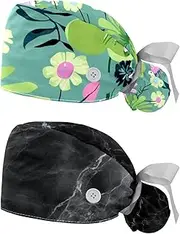 [YTYVAGT] 2-Pc,Nurse Scrub Caps,Scrub Hats with Buttons and Cotton Sweatband,Cartoon Dragonfly Flower Frog